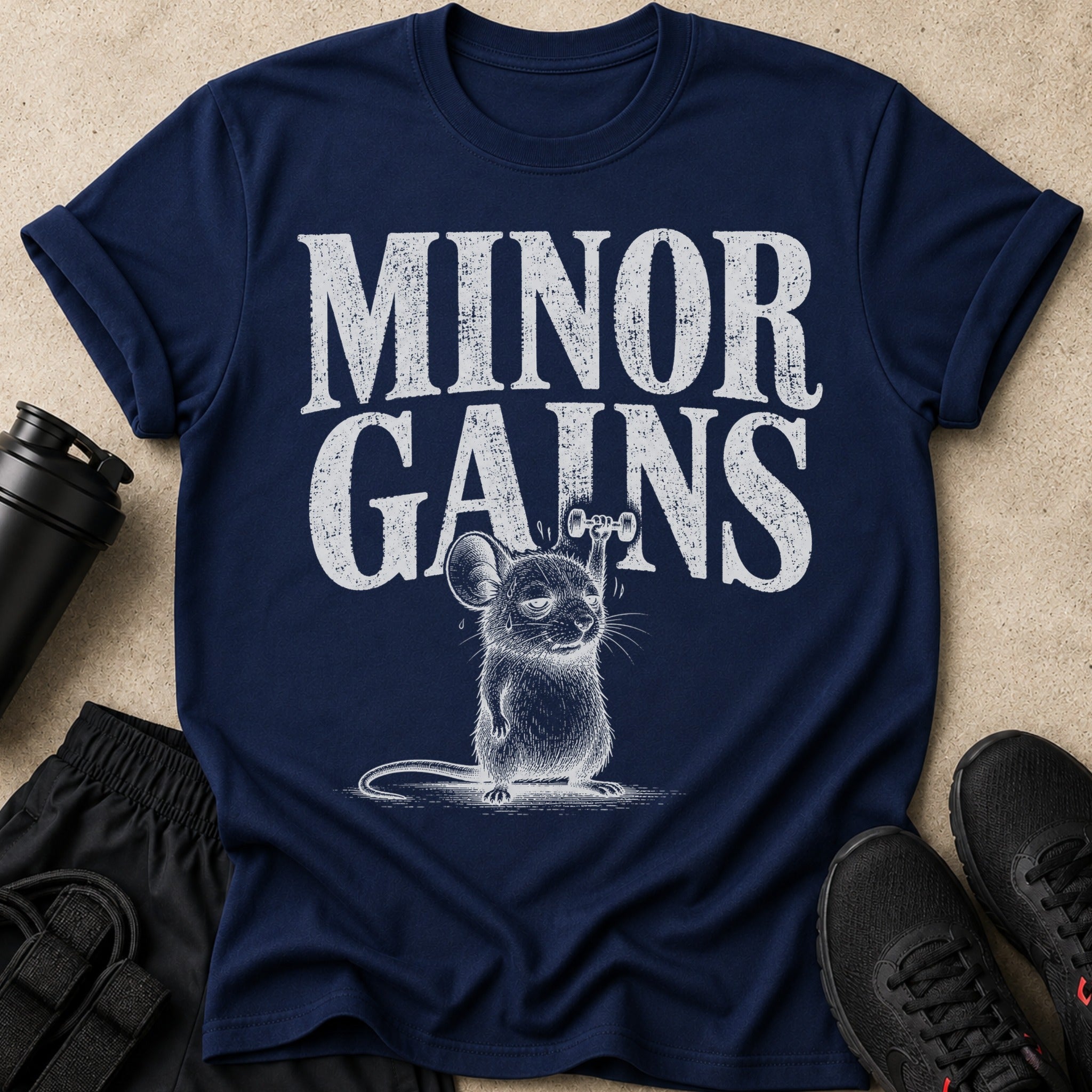 Navy t-shirt with distressed text "MINOR GAINS" and a cartoon mouse lifting a dumbbell.