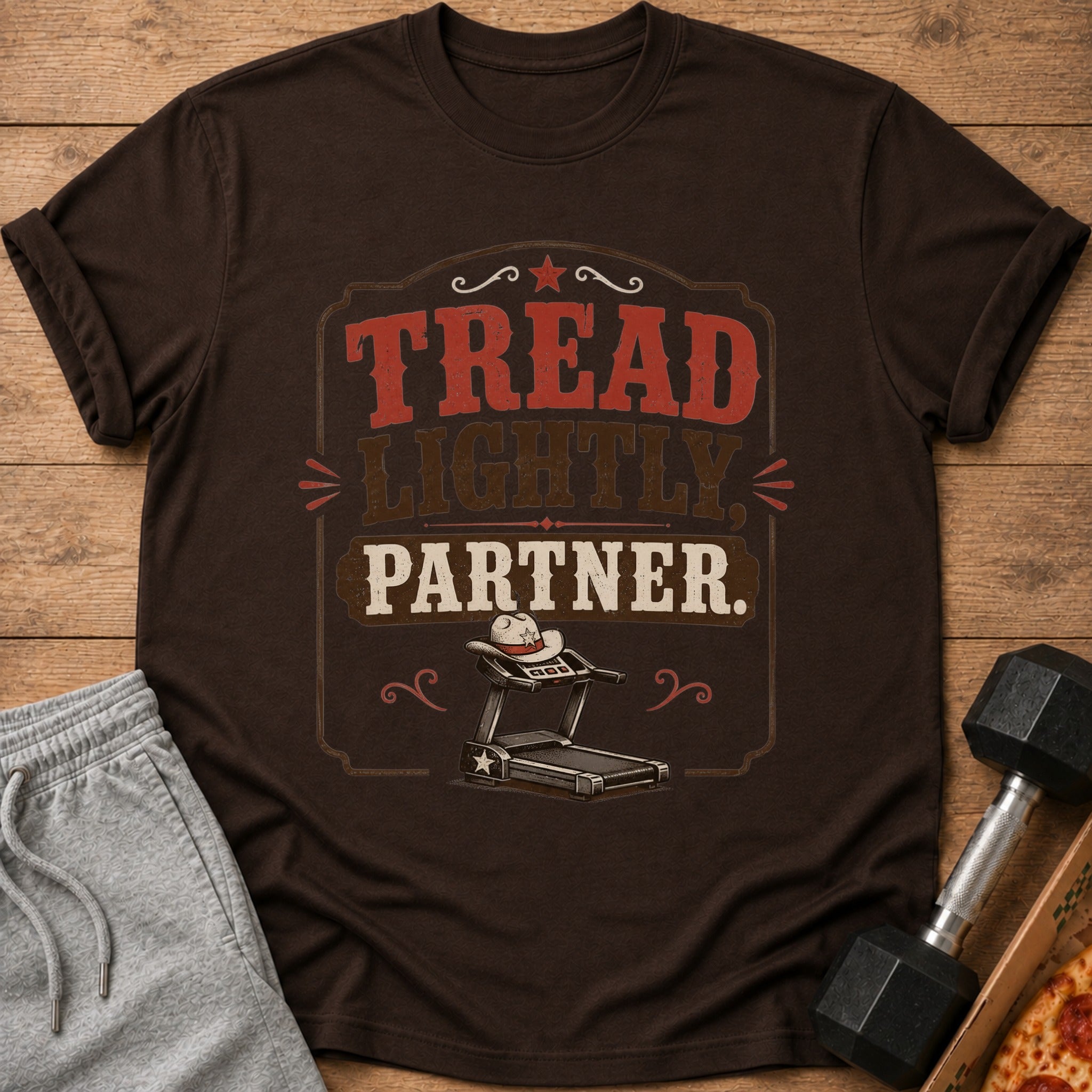 Brown t-shirt with "Tread Lightly, Partner." text and cowboy hat on a treadmill.