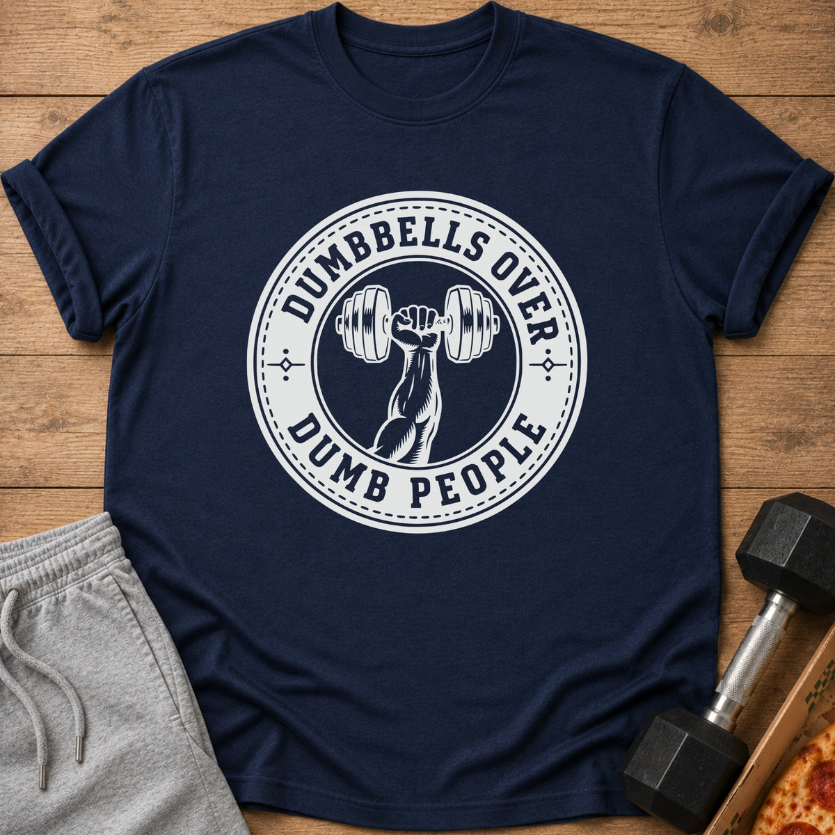 Navy t-shirt with "Dumbbells Over Dumb People" graphic and dumbbell.