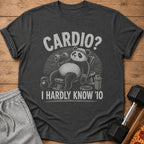 T-shirt graphic with a panda lifting weights and text "CARDIO? I HARDLY KNOW '10."