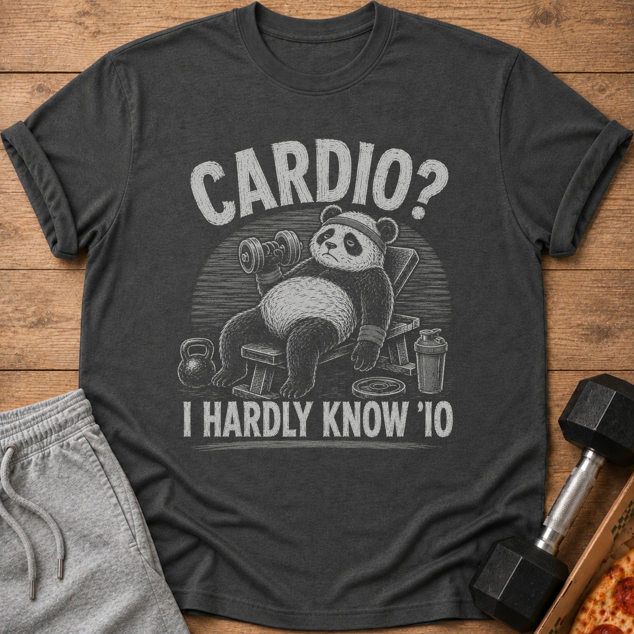 T-shirt graphic with a panda lifting weights and text "CARDIO? I HARDLY KNOW '10."