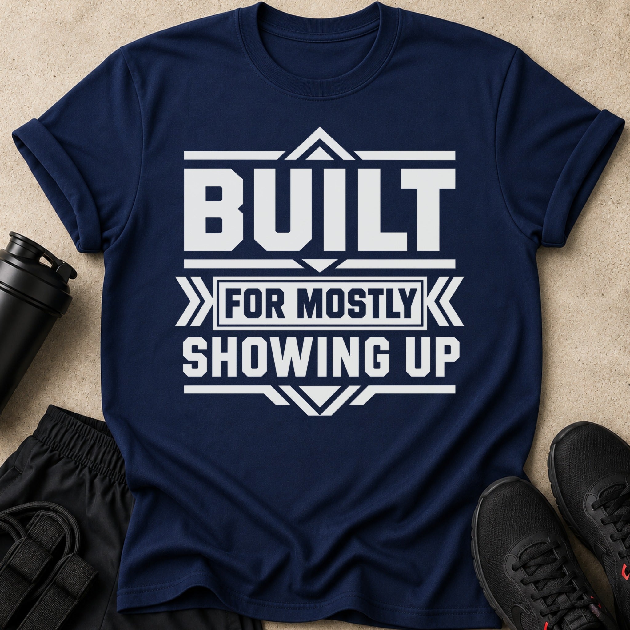Navy t-shirt with white text that reads "BUILT FOR MOSTLY SHOWING UP".