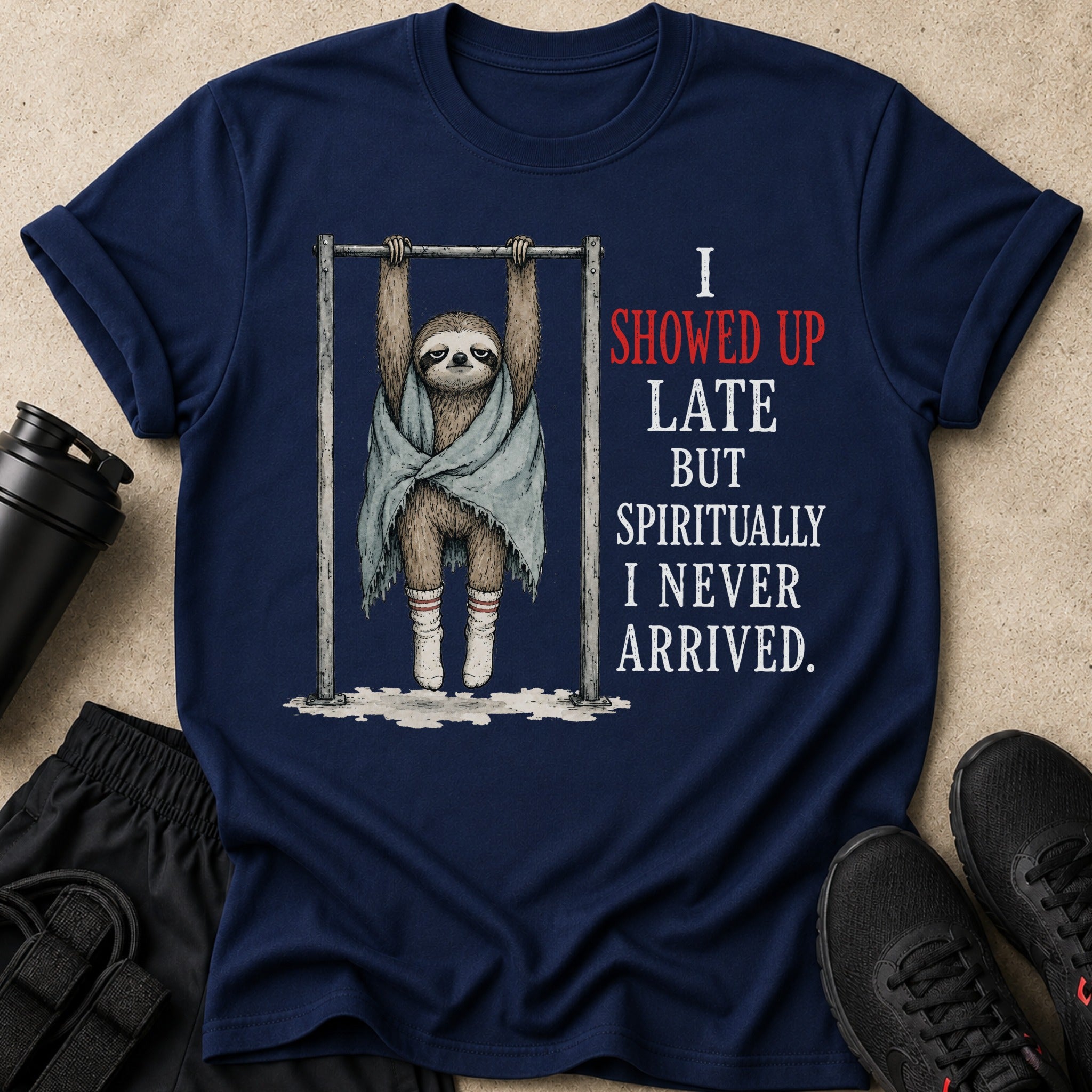 Navy t-shirt with sloth on pull-up bar and text: "I showed up late but spiritually I never arrived."