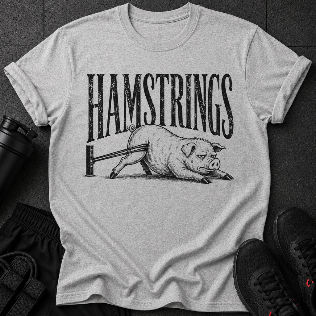 Grey t-shirt with "HAMSTRINGS" text and distressed pig graphic.