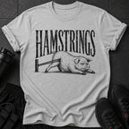 Grey t-shirt with "HAMSTRINGS" text and distressed pig graphic.