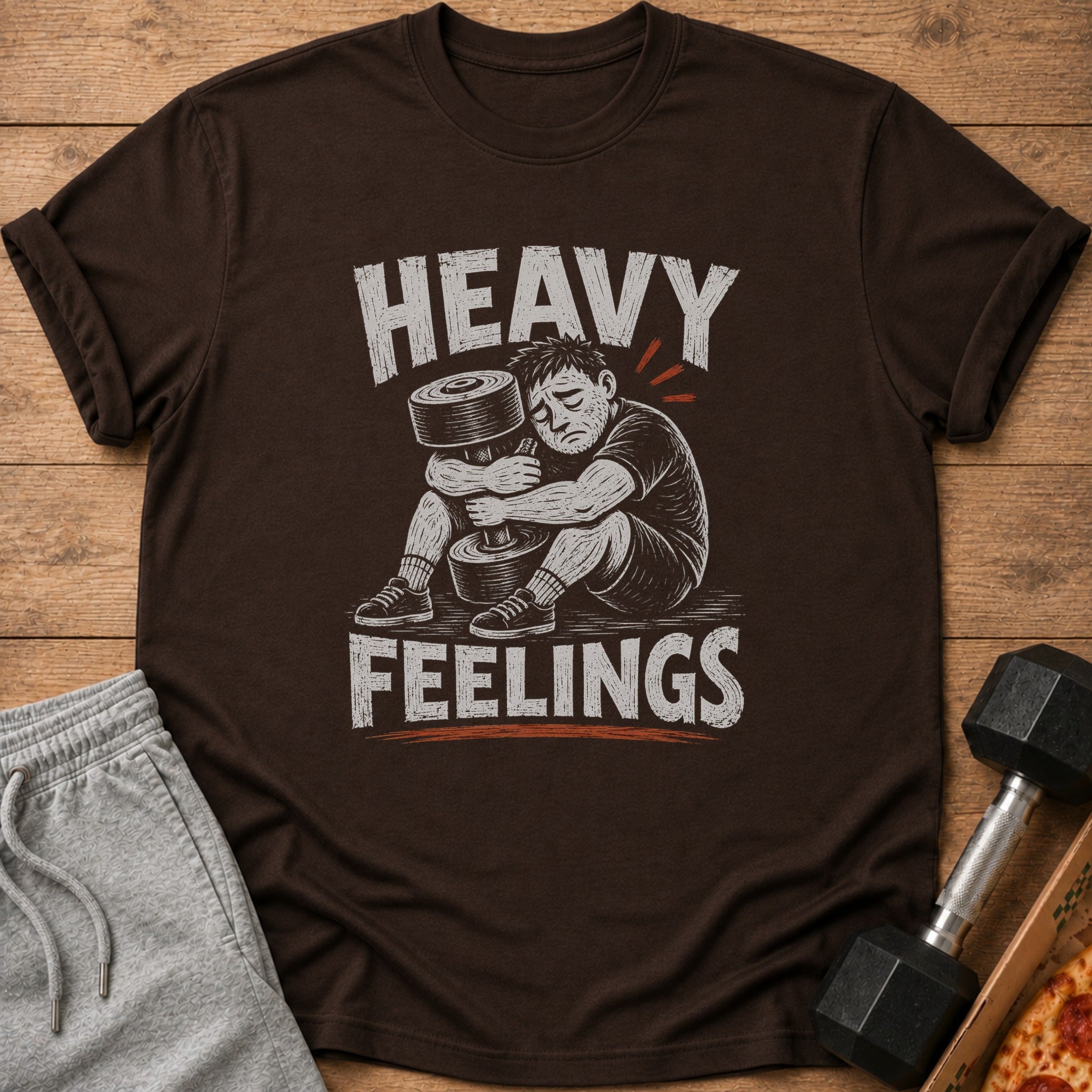 Brown t-shirt with "HEAVY FEELINGS" text and a person hugging a dumbbell.