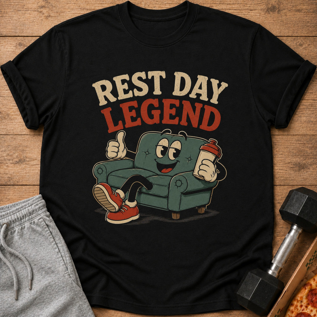 Black t-shirt with "REST DAY LEGEND" and cartoon couch holding a shaker bottle.