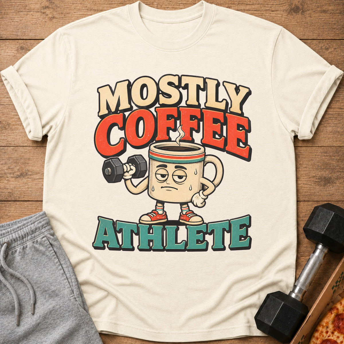T-shirt with cartoon coffee cup lifting dumbbell and text "MOSTLY COFFEE ATHLETE".