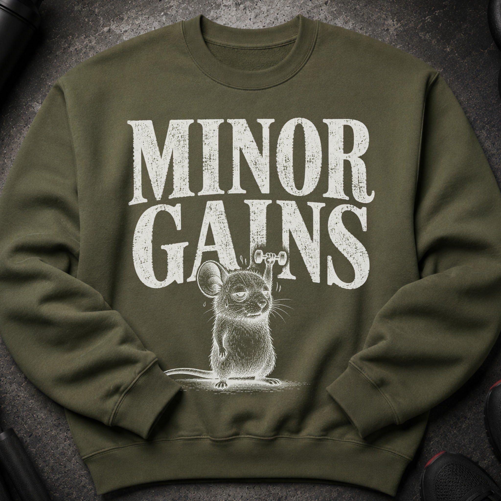 Green sweatshirt with distressed white text "MINOR GAINS" and a mouse lifting a dumbbell.