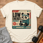 T-shirt graphic of a sad panda holding a can with text "LOW ENERGY" and Japanese script.