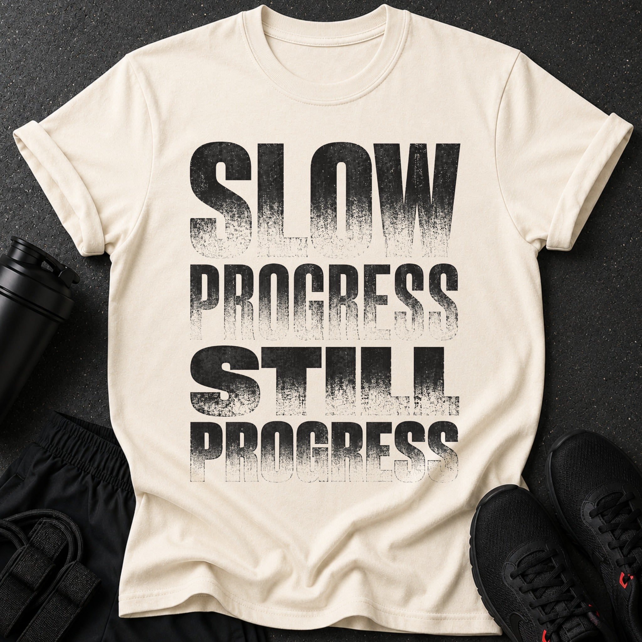 Cream t-shirt with distressed black text reading "SLOW PROGRESS STILL PROGRESS".