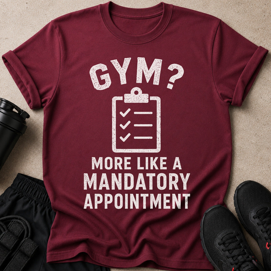 Maroon t-shirt with distressed white text "GYM? MORE LIKE A MANDATORY APPOINTMENT".
