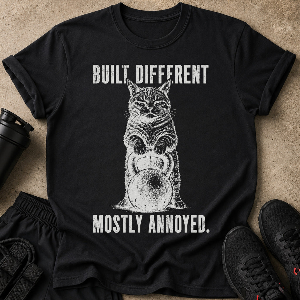 Black t-shirt with a cat holding a kettlebell, reading "Built Different. Mostly Annoyed."