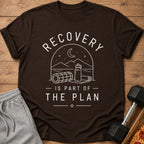 Brown t-shirt with "RECOVERY IS PART OF THE PLAN" text and gym graphic.