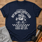 Navy t-shirt with "Not Before Coffee Club" and skateboarding coffee cup graphic.