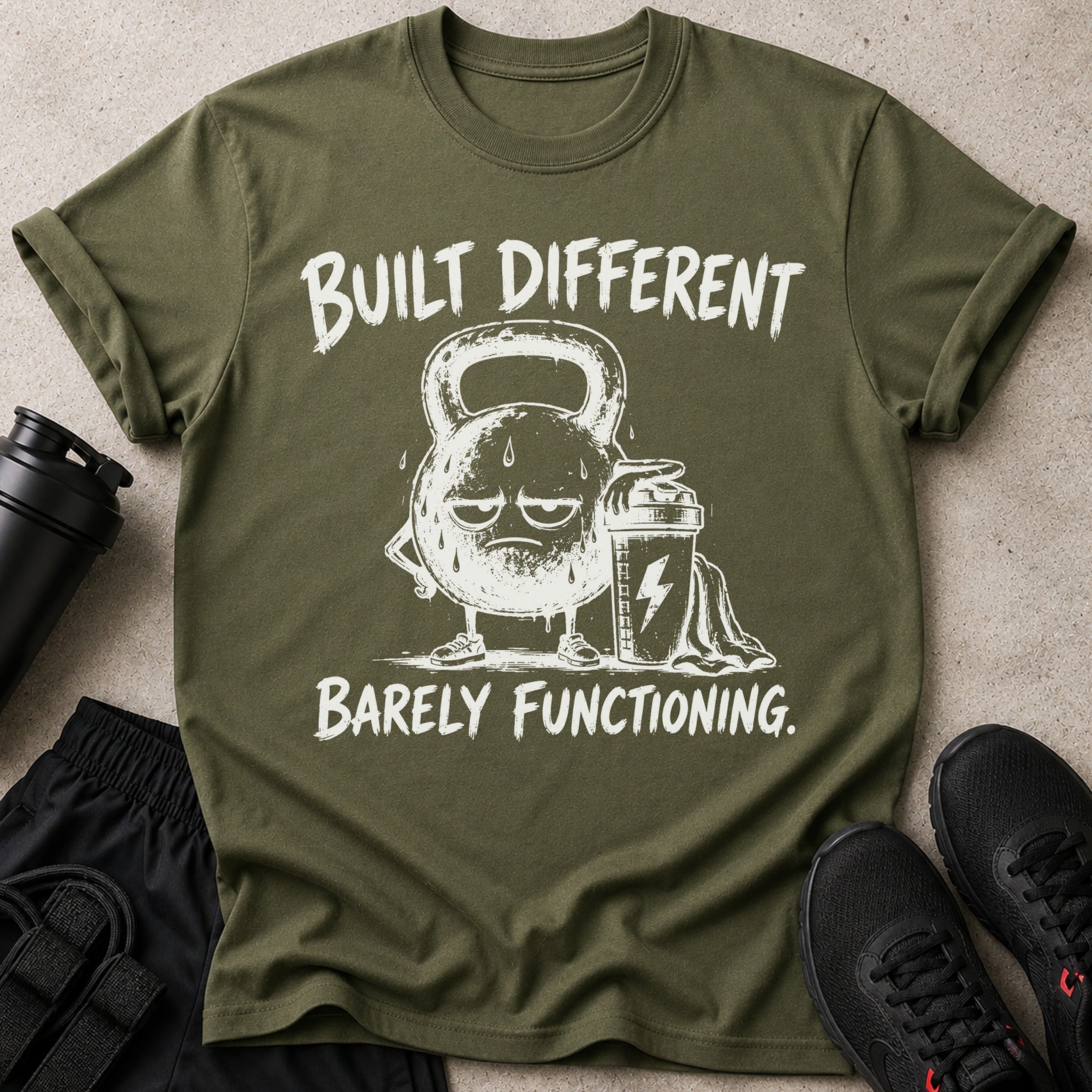 Green t-shirt with "BUILT DIFFERENT BARELY FUNCTIONING" text and a cartoon kettlebell.
