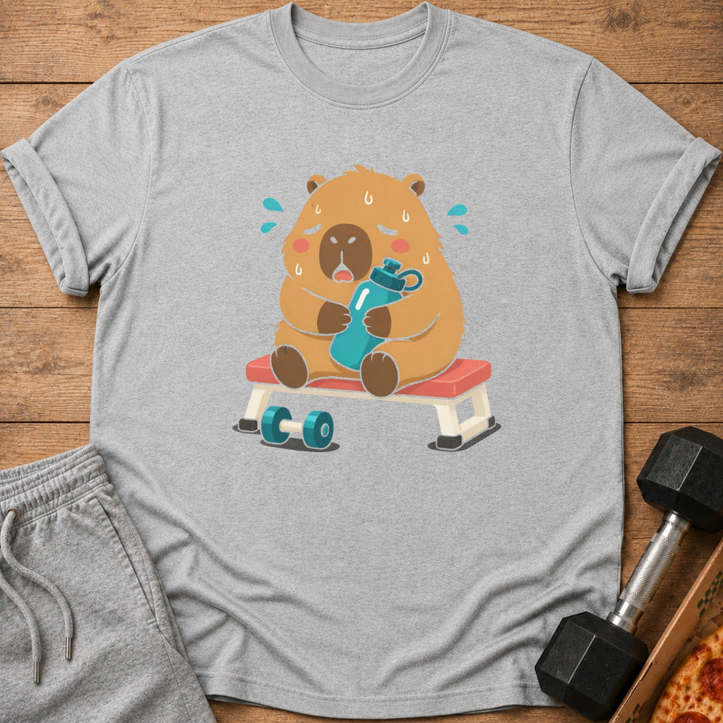 Cartoon capybara with sweat droplets sits on a workout bench holding a water bottle.