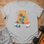 Cartoon capybara with sweat droplets sits on a workout bench holding a water bottle.