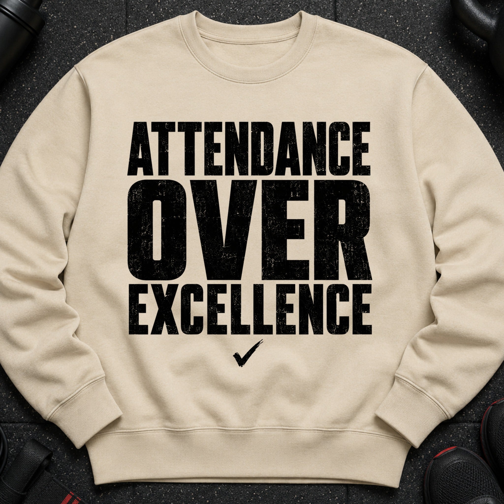 Beige crewneck sweatshirt with black text reading "ATTENDANCE OVER EXCELLENCE" and a checkmark.