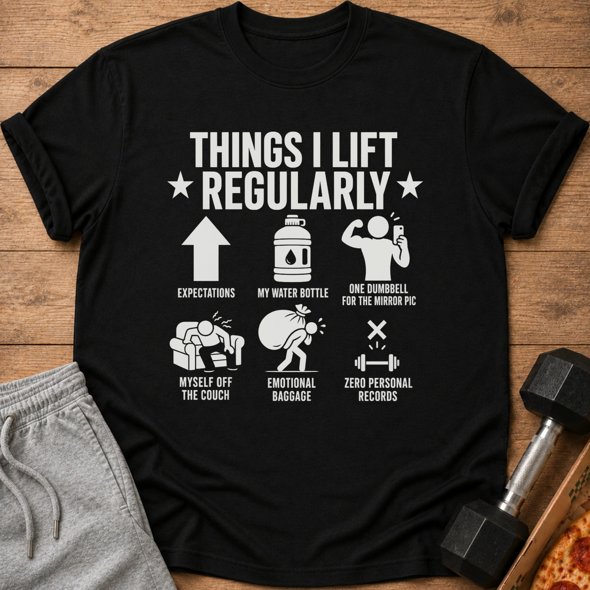 Black t-shirt with "Things I Lift Regularly" text and workout humor graphics.
