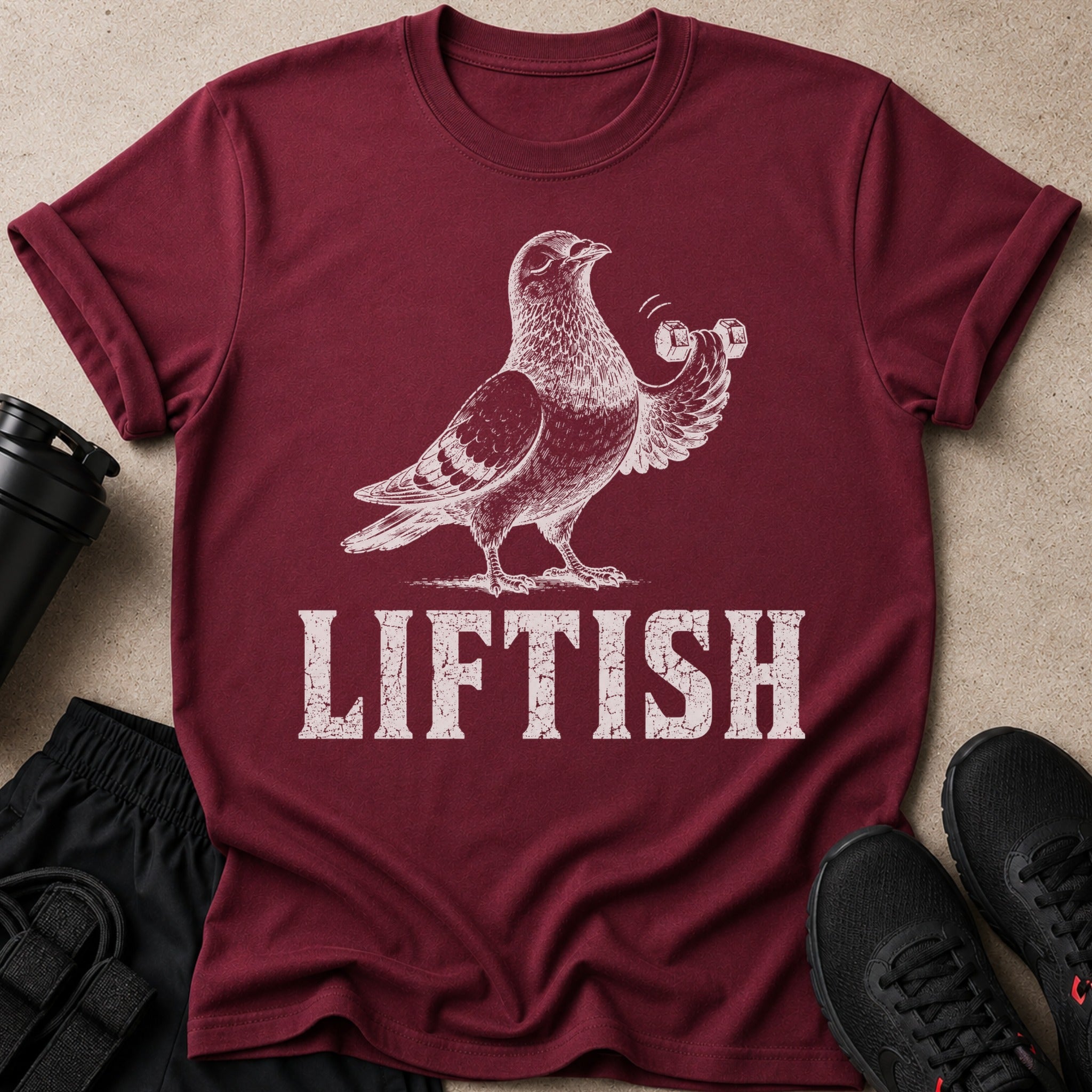Maroon t-shirt with drawing of pigeon lifting dumbbells and "LIFTISH" text.