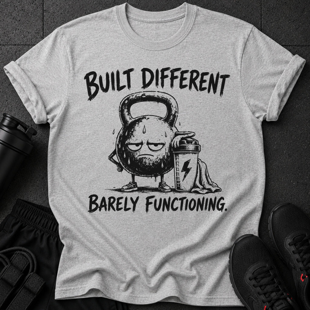 Grey t-shirt with a drawing of a tired kettlebell and the text "BUILT DIFFERENT BARELY FUNCTIONING."