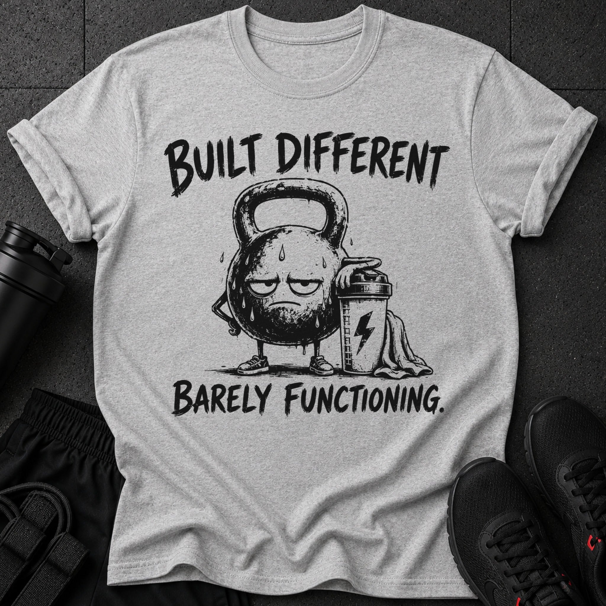Grey t-shirt with a drawing of a tired kettlebell and the text "BUILT DIFFERENT BARELY FUNCTIONING."