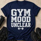 Navy t-shirt with distressed white text reading "GYM MOOD UNCLEAR" and a dumbbell graphic.