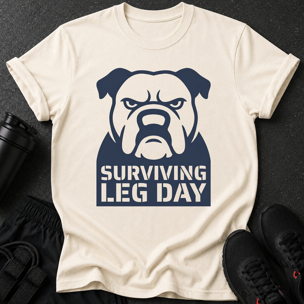 Cream t-shirt with navy blue bulldog graphic and text "Surviving Leg Day".