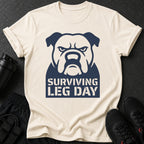 Cream t-shirt with navy blue bulldog graphic and text "Surviving Leg Day".