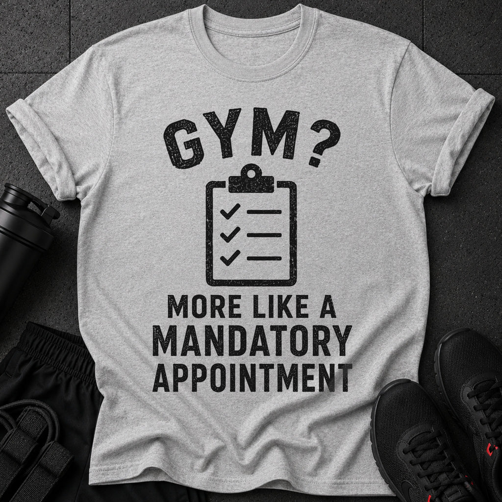 Gray t-shirt with "GYM? MORE LIKE A MANDATORY APPOINTMENT" text and checklist icon.