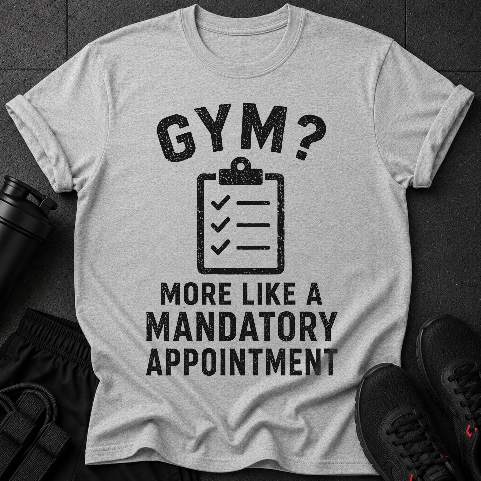Gray t-shirt with "GYM? MORE LIKE A MANDATORY APPOINTMENT" text and checklist icon.