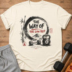 T-shirt with "The Way of the Low Rep" text, dumbbell, kettlebell, and bamboo.