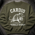 Green sweatshirt with "CARDIO" and a running opossum holding coffee, "PERSONALLY OFFENSIVE".