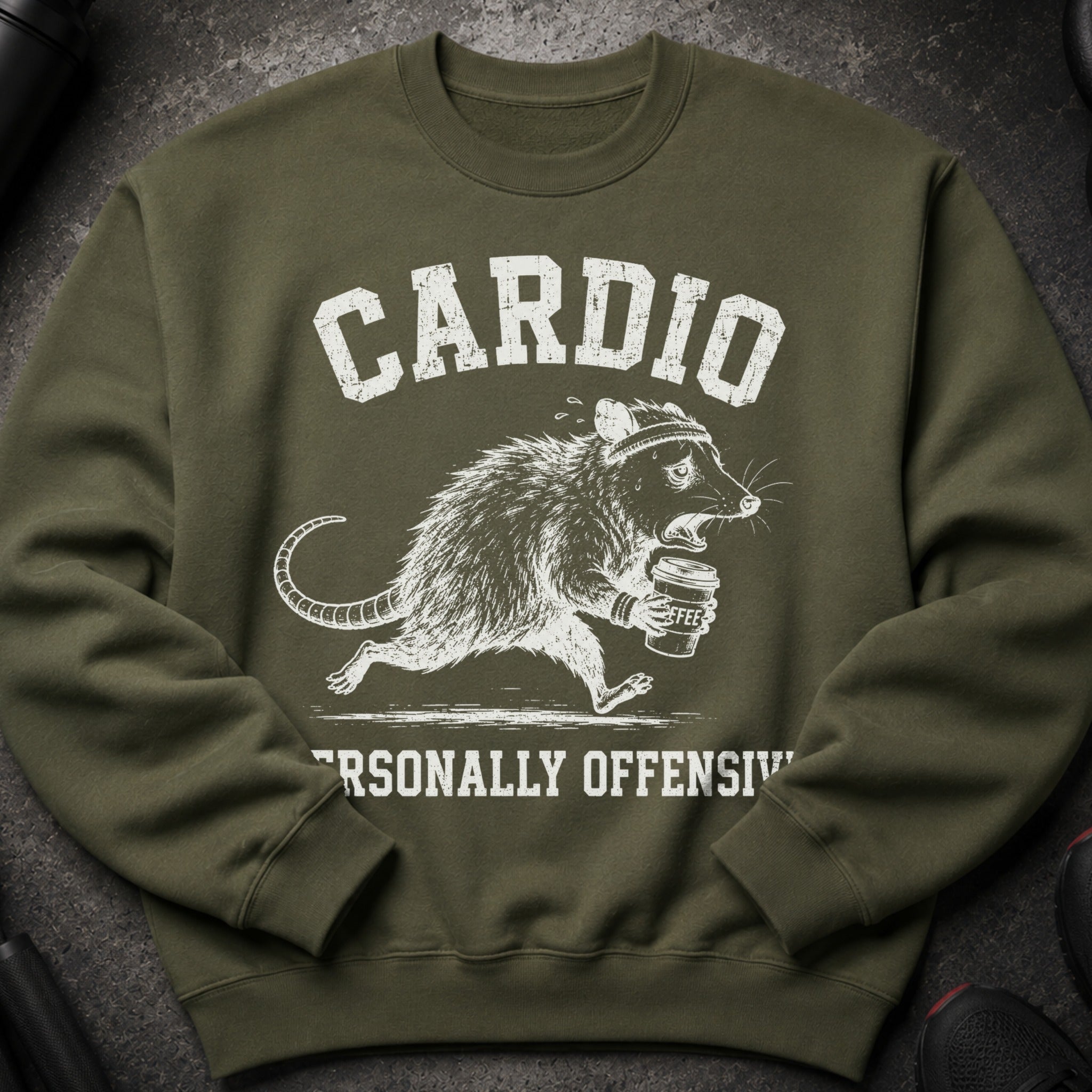 Green sweatshirt with "CARDIO" and a running opossum holding coffee, "PERSONALLY OFFENSIVE".