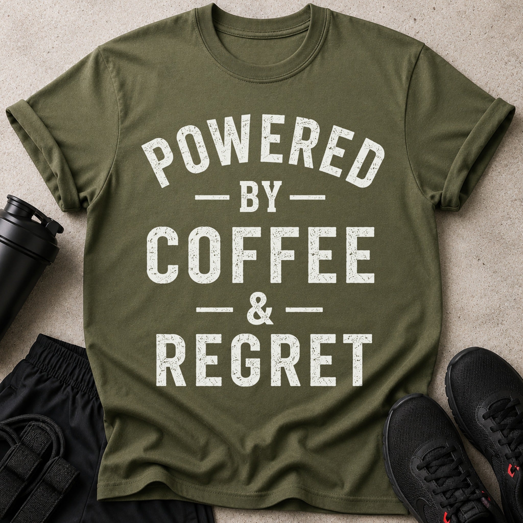 Green t-shirt with white text reading "POWERED BY COFFEE & REGRET".