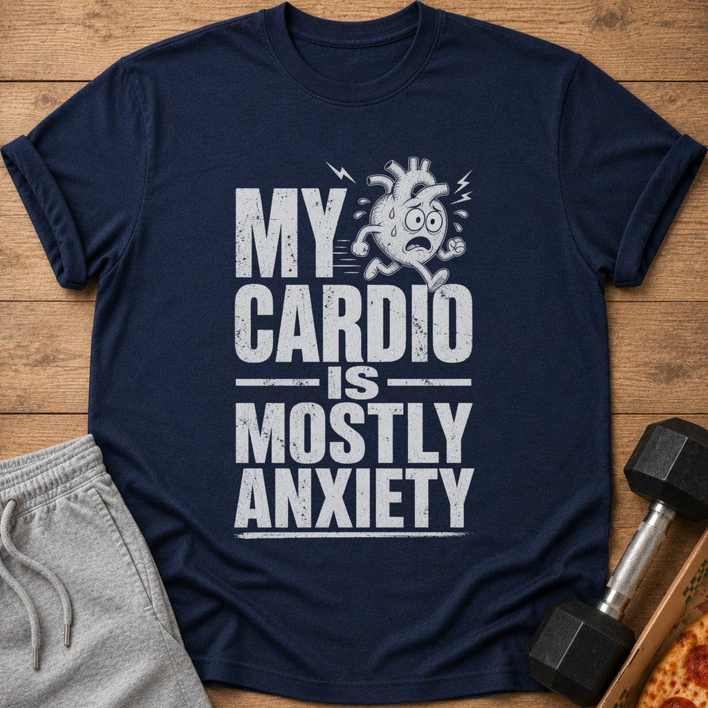 Navy t-shirt with "MY CARDIO IS MOSTLY ANXIETY" text and cartoon heart.