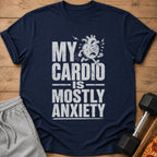 Navy t-shirt with "MY CARDIO IS MOSTLY ANXIETY" text and cartoon heart.