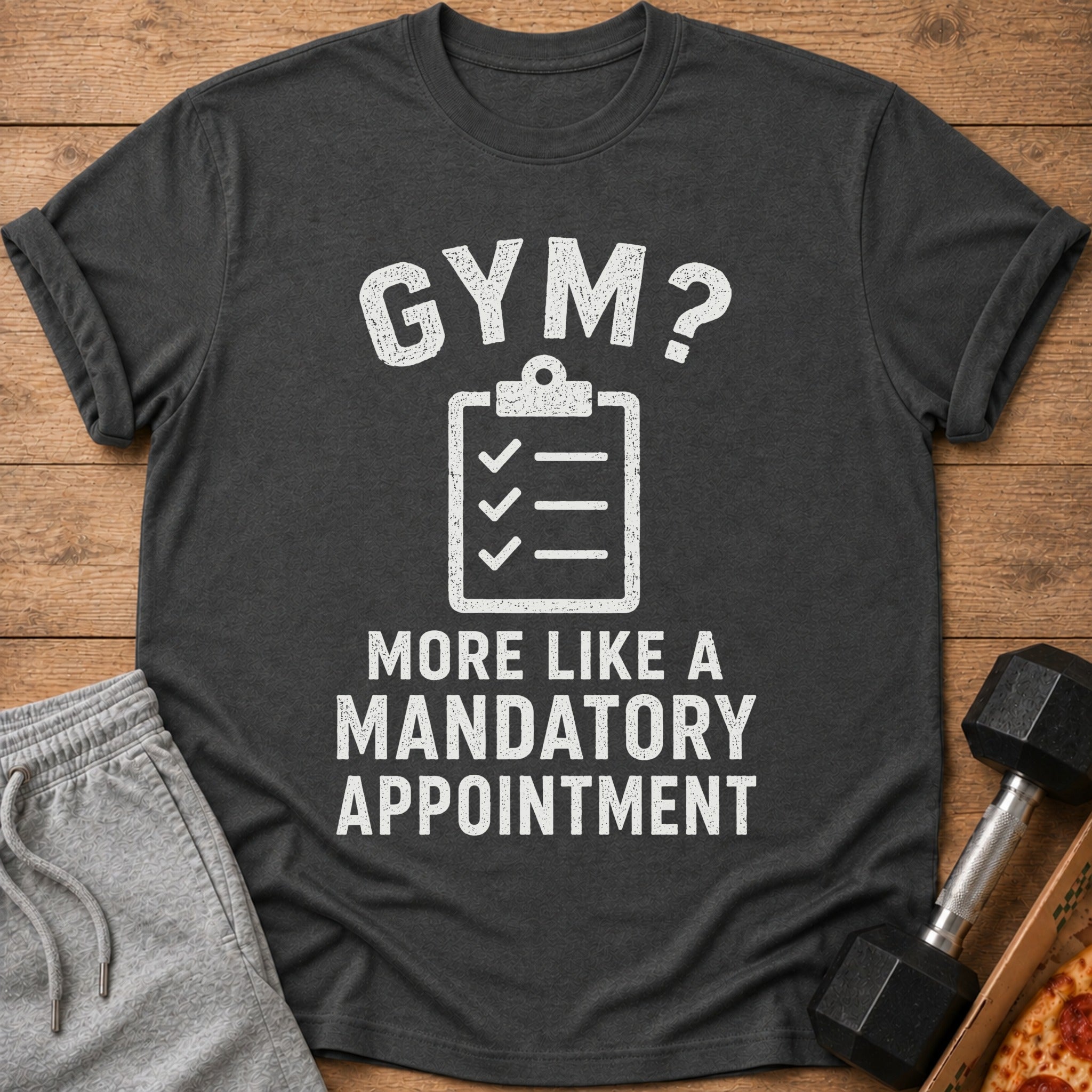 Dark grey t-shirt with distressed text "GYM? MORE LIKE A MANDATORY APPOINTMENT".
