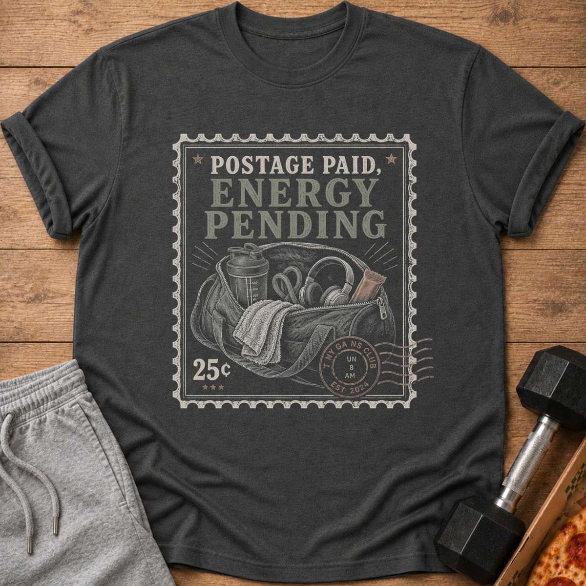 Dark t-shirt with postage stamp graphic: "POSTAGE PAID, ENERGY PENDING" and gym bag.