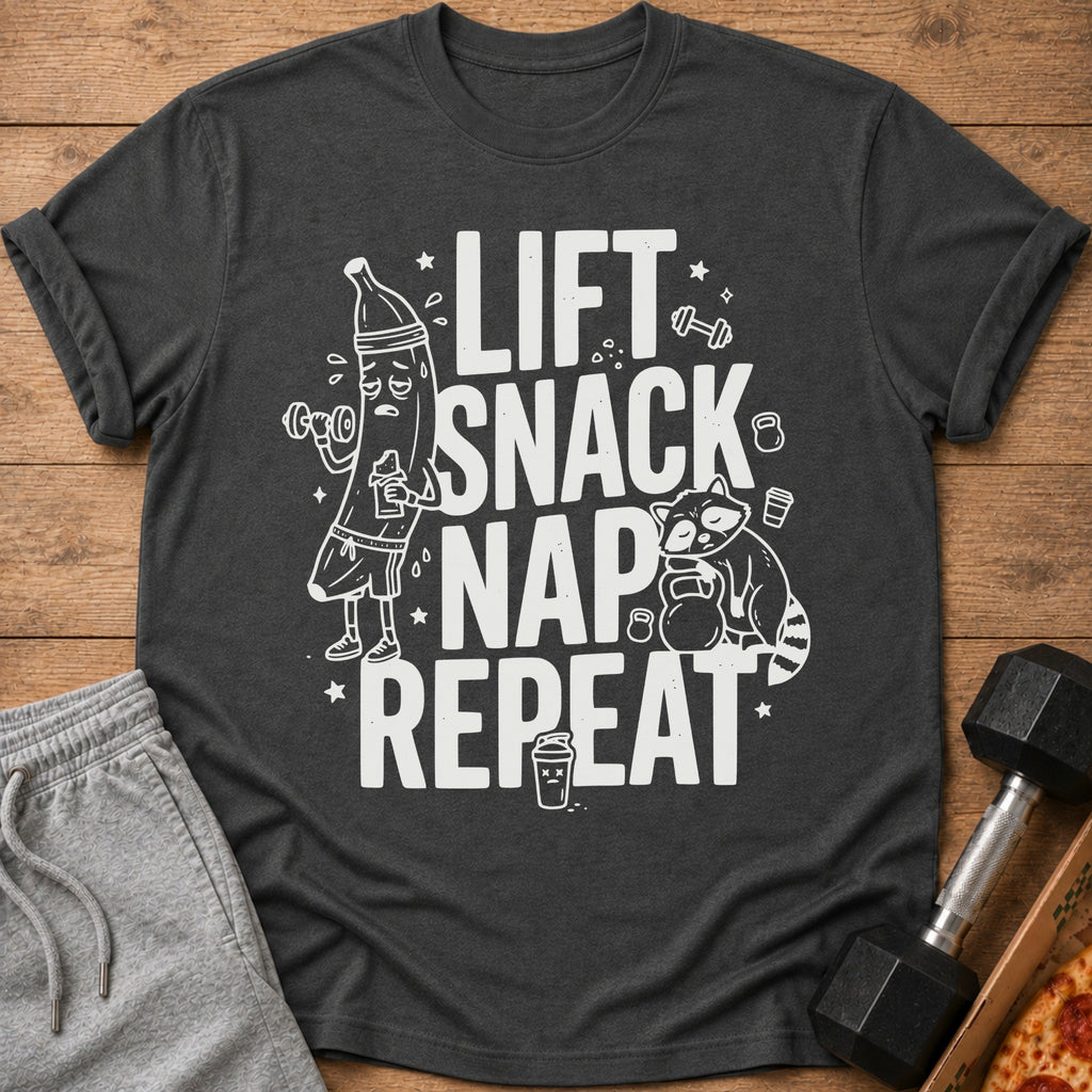 T-shirt with "Lift Snack Nap Repeat" text, cartoon banana lifting weights, sleeping raccoon.
