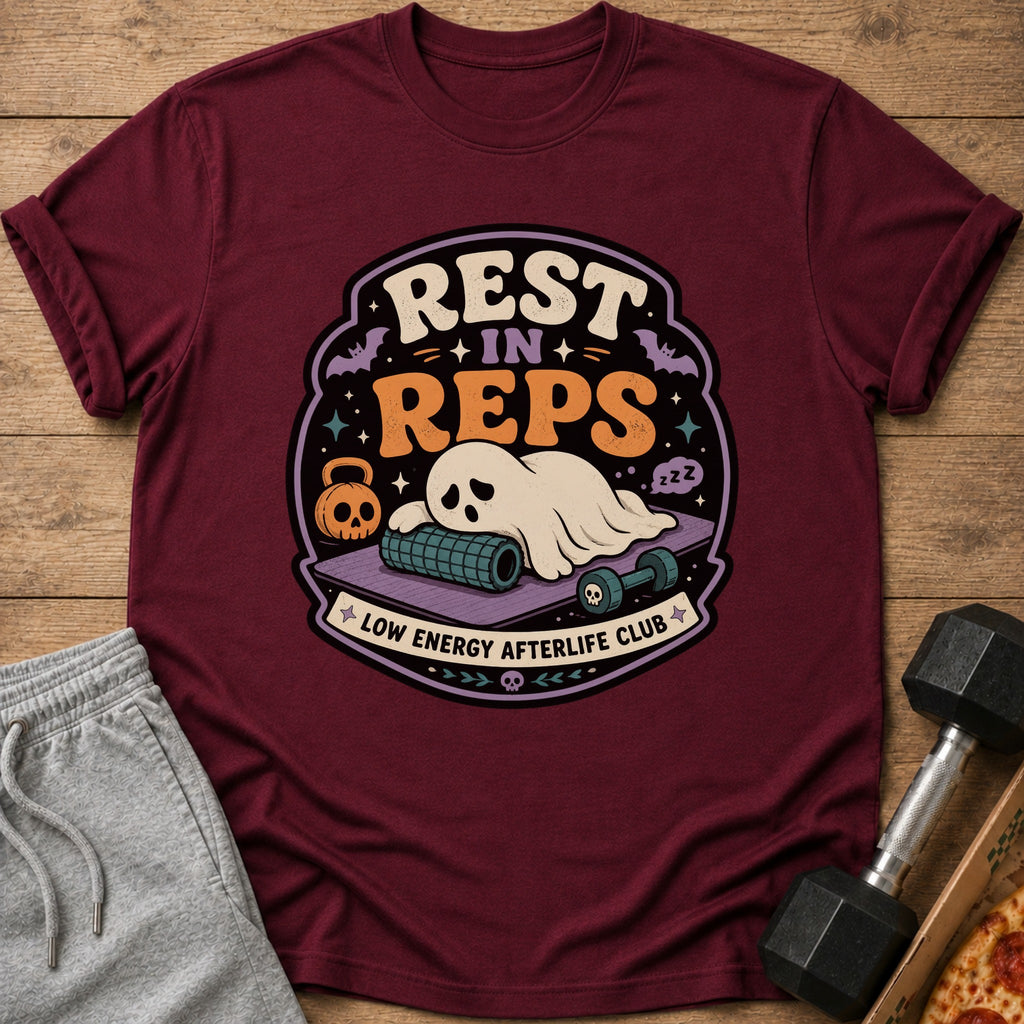 Maroon t-shirt with "REST IN REPS LOW ENERGY AFTERLIFE CLUB" text and a sleeping ghost.