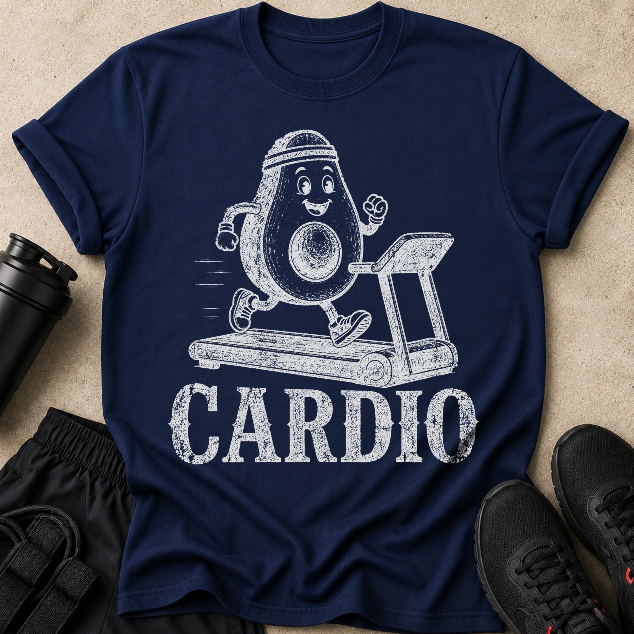 Navy t-shirt with distressed white graphic of avocado running on treadmill saying "Cardio".