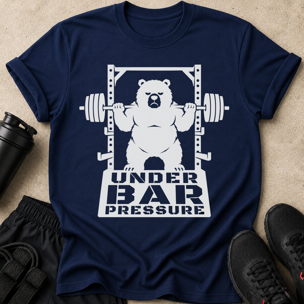Navy t-shirt with a white graphic of a bear lifting a barbell, text UNDER BAR PRESSURE.