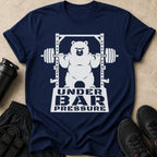 Navy t-shirt with a white graphic of a bear lifting a barbell, text UNDER BAR PRESSURE.