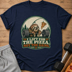 Navy t-shirt with sloth lifting weights, saying "I lift for the pizza, not the gains."