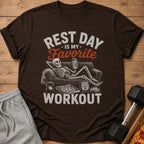 Brown t-shirt with skeleton relaxing on couch, "Rest Day Is My Favorite Workout" text.