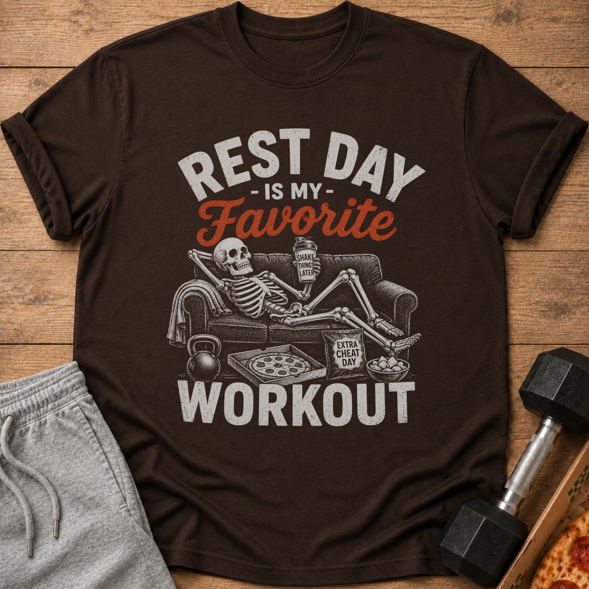 Brown t-shirt with skeleton relaxing on couch, "Rest Day Is My Favorite Workout" text.