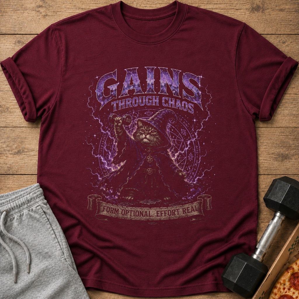 Maroon t-shirt with wizard cat lifting dumbbell graphic and text "GAINS THROUGH CHAOS".