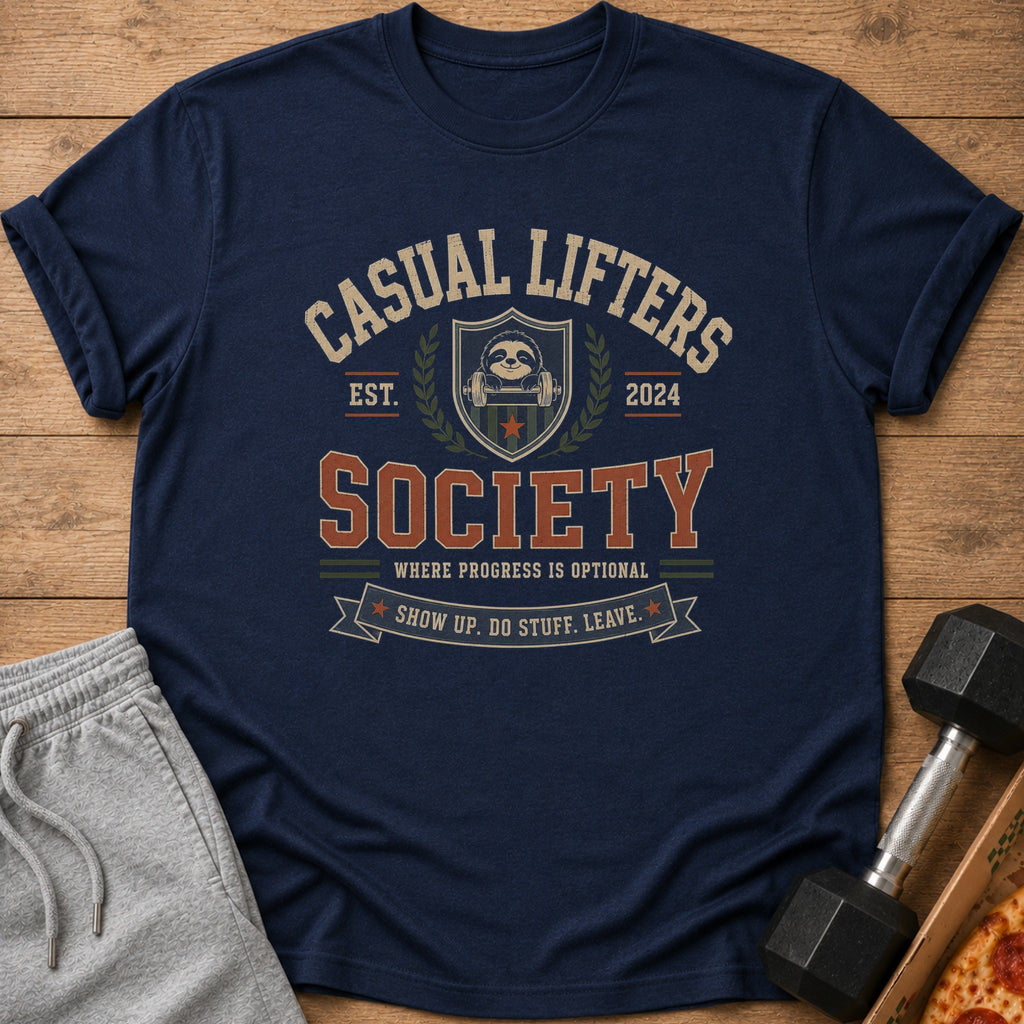 Navy t-shirt with "Casual Lifters Society" slogan and sloth graphic.